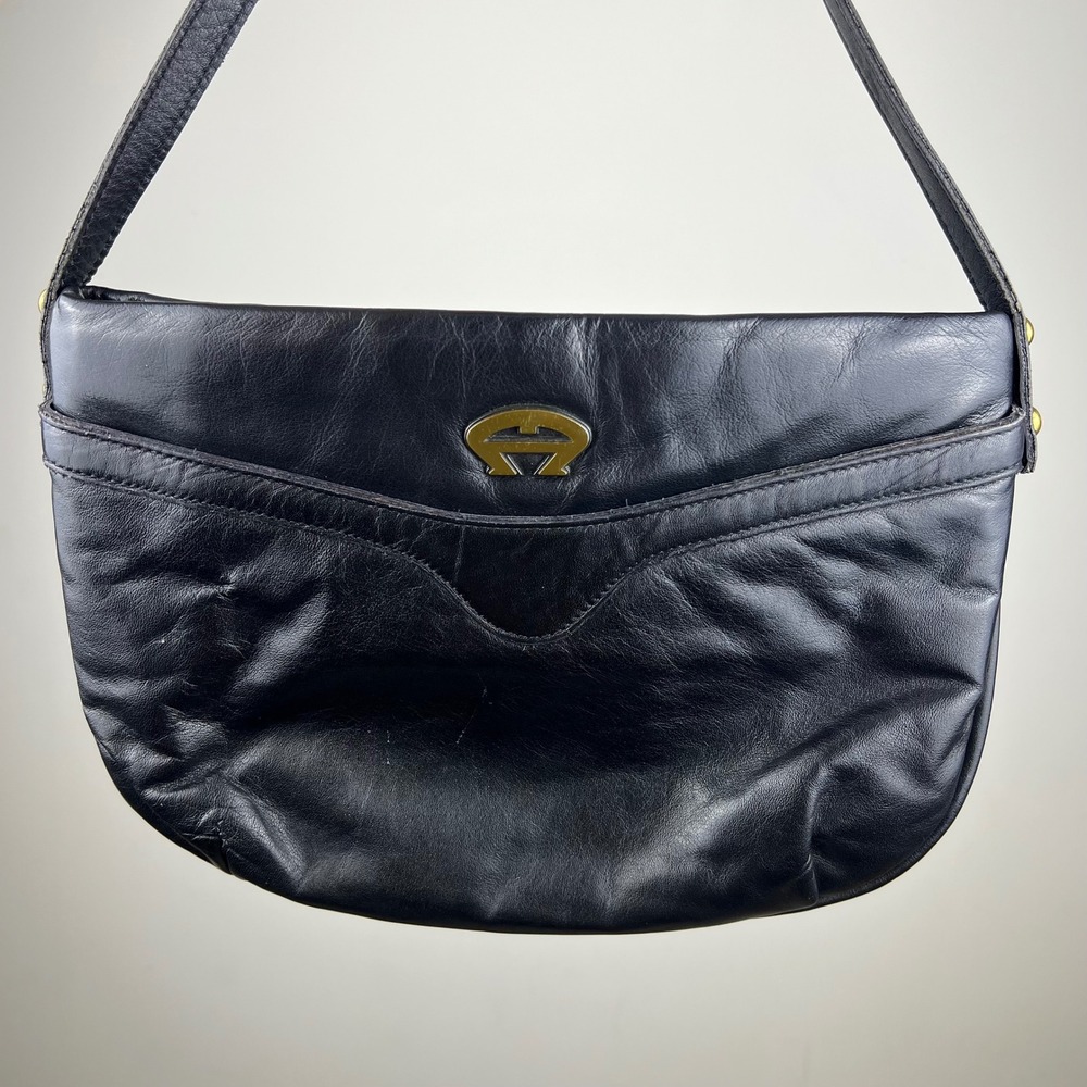 Etienne Aigner Shoulder Bag‎ Vintage Black Leather Gold Logo Good Condition